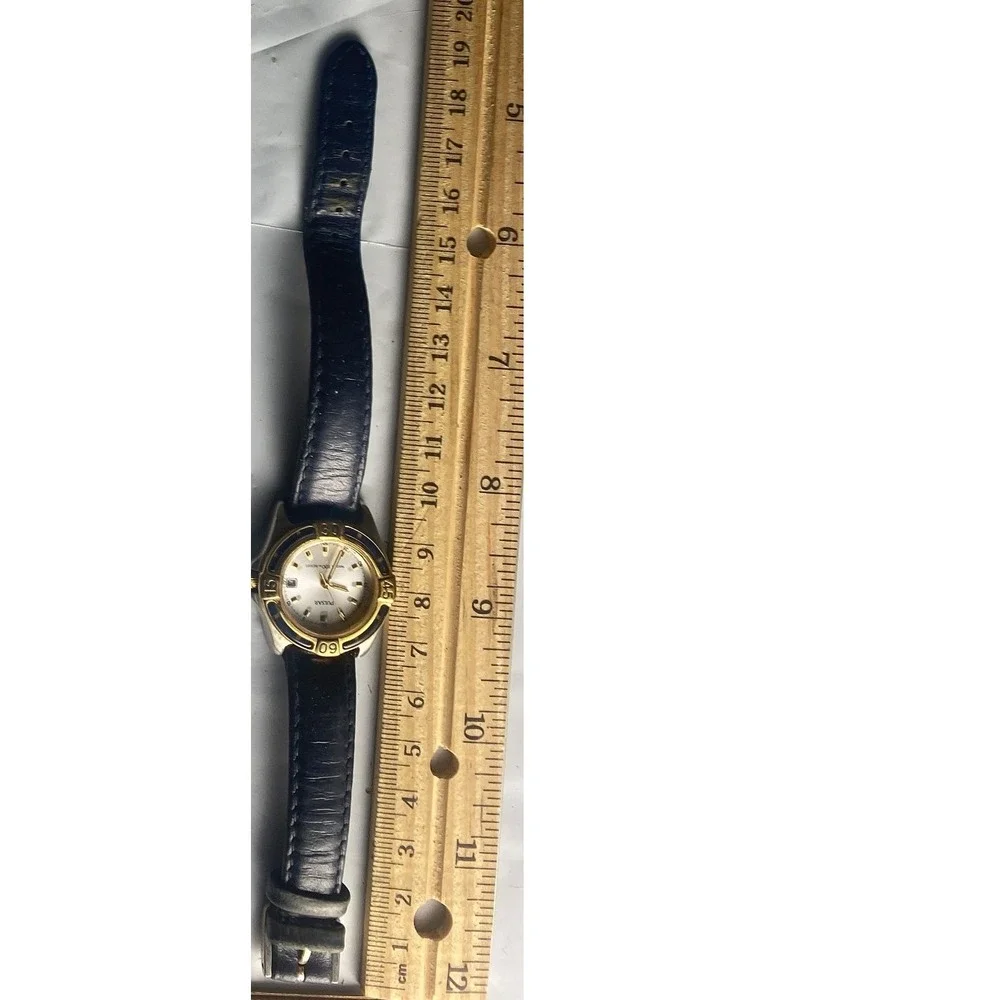 Womens Vintage Gold Tone White‎ Dial Analog Quartz Watch Black Leather Band